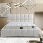 Pat “Premium” 160x200 cm, Tapitat Bej, cu lada de depozitare si structura de metal