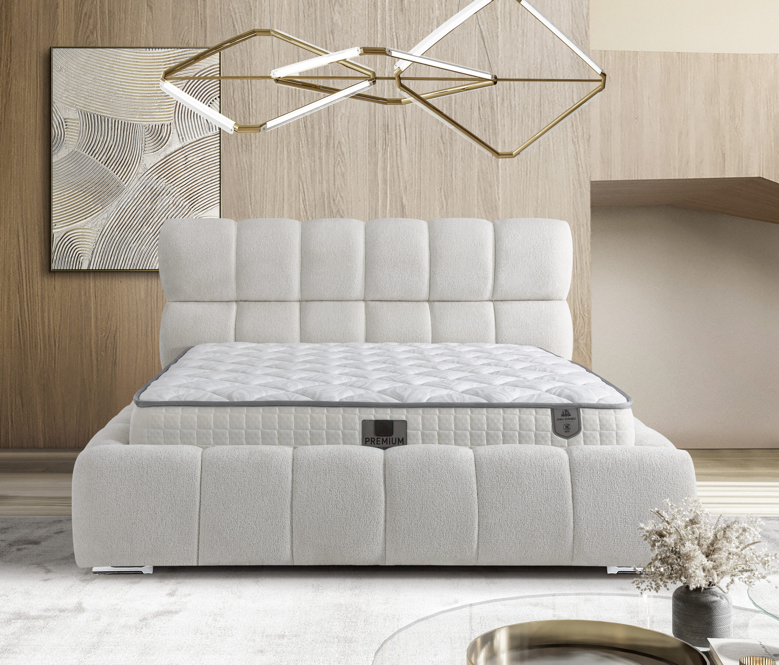 PREMIUM SET 2 fendi 01-02 krem Pat “Premium” 160x200 cm, Tapitat Bej, cu lada de depozitare si structura de metal - imagine 1