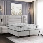 Pat Tapitat Pandora 160x200cm, Catifea Bej, structura de metal cu lada de depozitare