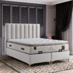 Pat “Lotus” tapitat in catifea Bej, 160x200cm, Structura metalica si lada de depozitare