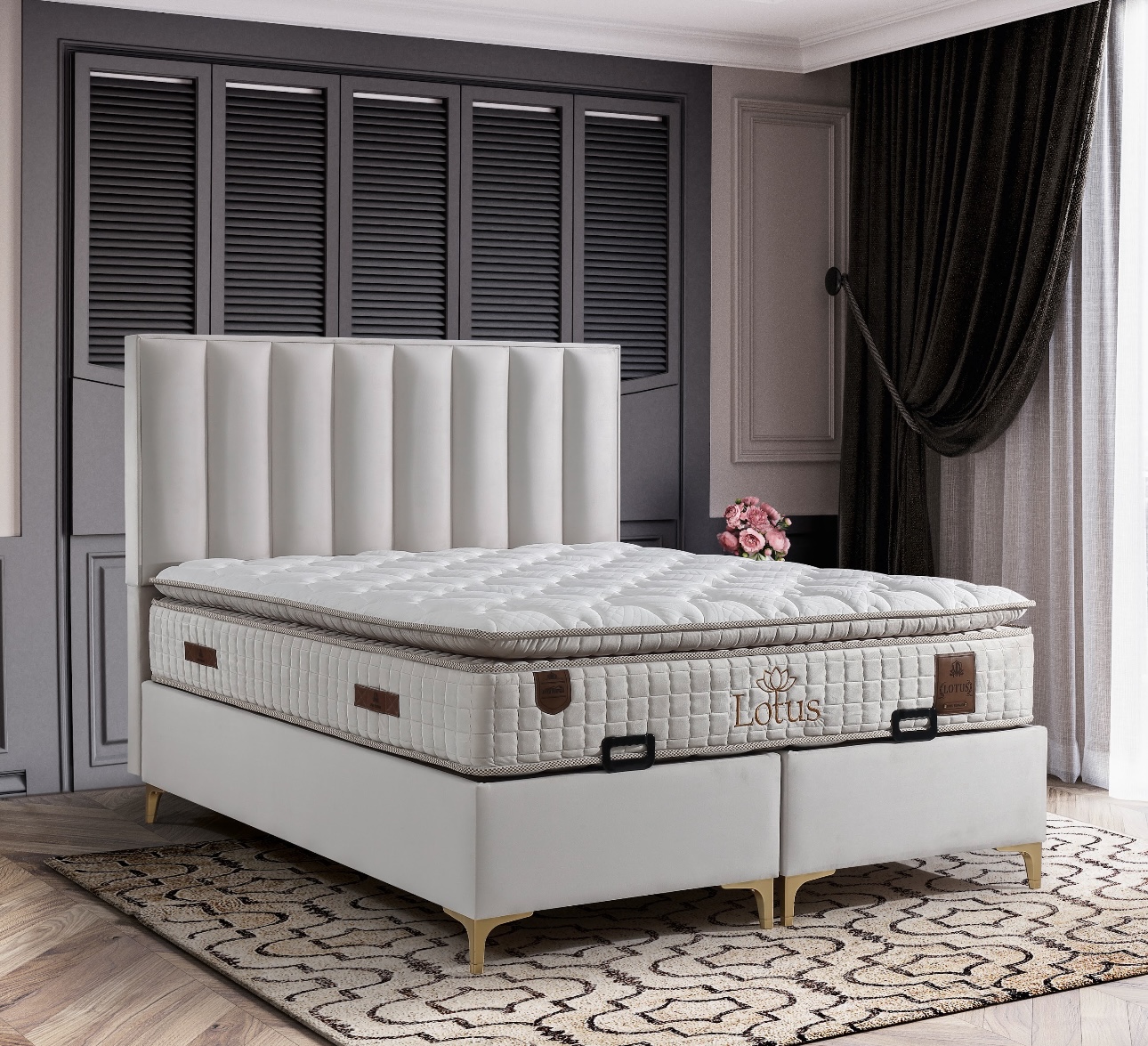 Screenshot Pat “Lotus” tapitat in catifea Bej, 160x200cm, Structura metalica si lada de depozitare - imagine 1