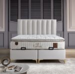 Pat “Lotus” tapitat in catifea Bej, 160x200cm, Structura metalica si lada de depozitare - imagine 2