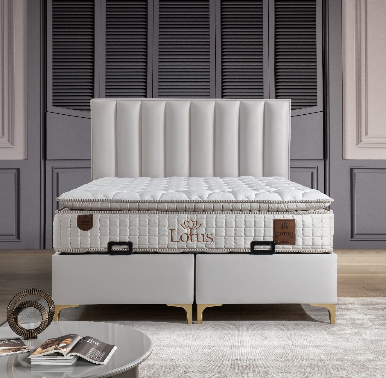 Screenshot Pat “Lotus” tapitat in catifea Bej, 160x200cm, Structura metalica si lada de depozitare - imagine 2