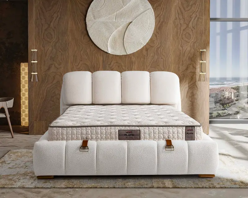 IMG_2887 Pat “Platin”, Tapitat bej, 160x200cm, structura metalica cu lada de depozitare pe pistoane de aer - imagine 2