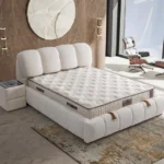 Pat “Platin”, Tapitat bej, 160x200cm, structura metalica cu lada de depozitare pe pistoane de aer