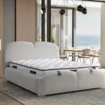 Pat “Serenity” tapitat in catifea bej, 160x200cm cu lada de depozitare