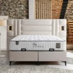 Pat “Pandora” tapitat in catifea bej, 160x200cm, cu lada de depozitare si lampi ornamentale