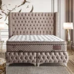 Pat “Dallas” tapitat in catifea, tablie cu bumbi, 160x200cm, cu lada de depozitare